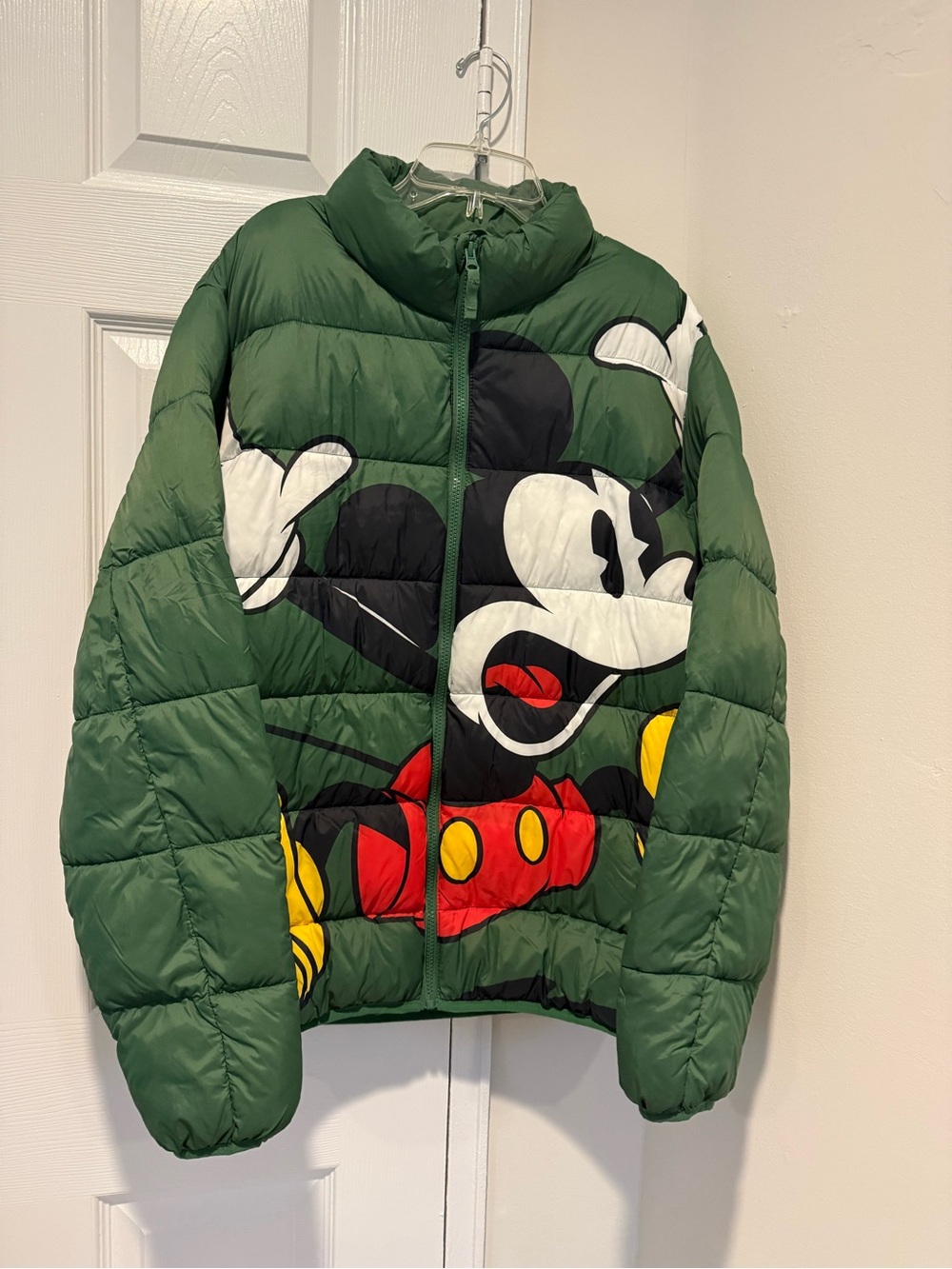 Disney Green Mickey Mouse Puffer Jacket with Red & Yellow Accents
